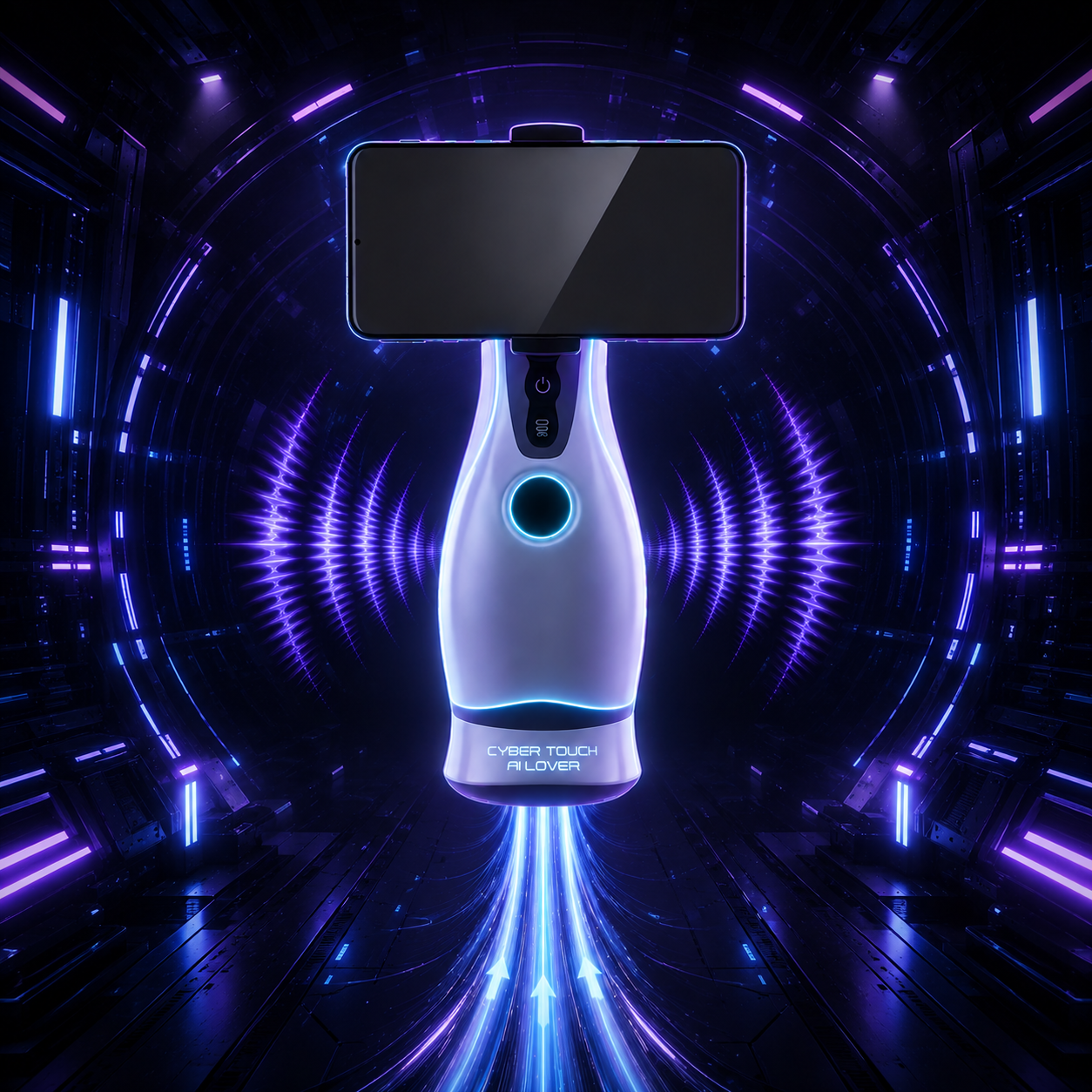 Cyber M1 with a phone mounted horizontally in a neon AI sync environment